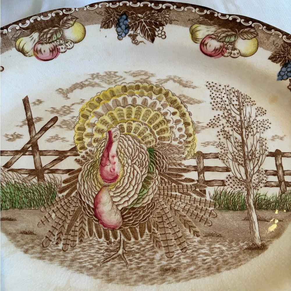 Vintage King Tom Turkey Platter & Covered Gravy Boat Ironstone Thanksgiving Set